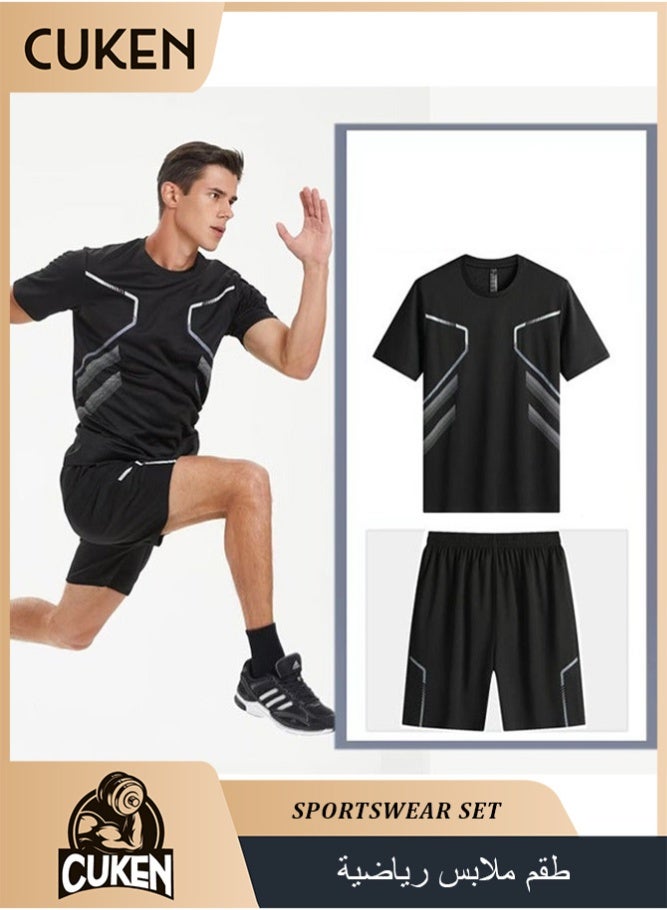 Cuken 2 Piece Men's Running Gear, Lightweight Quick-Drying Sportswear Set, Athletic Clothing for Workout, Gym Training, Running and Casual Wear, Black - Image 1